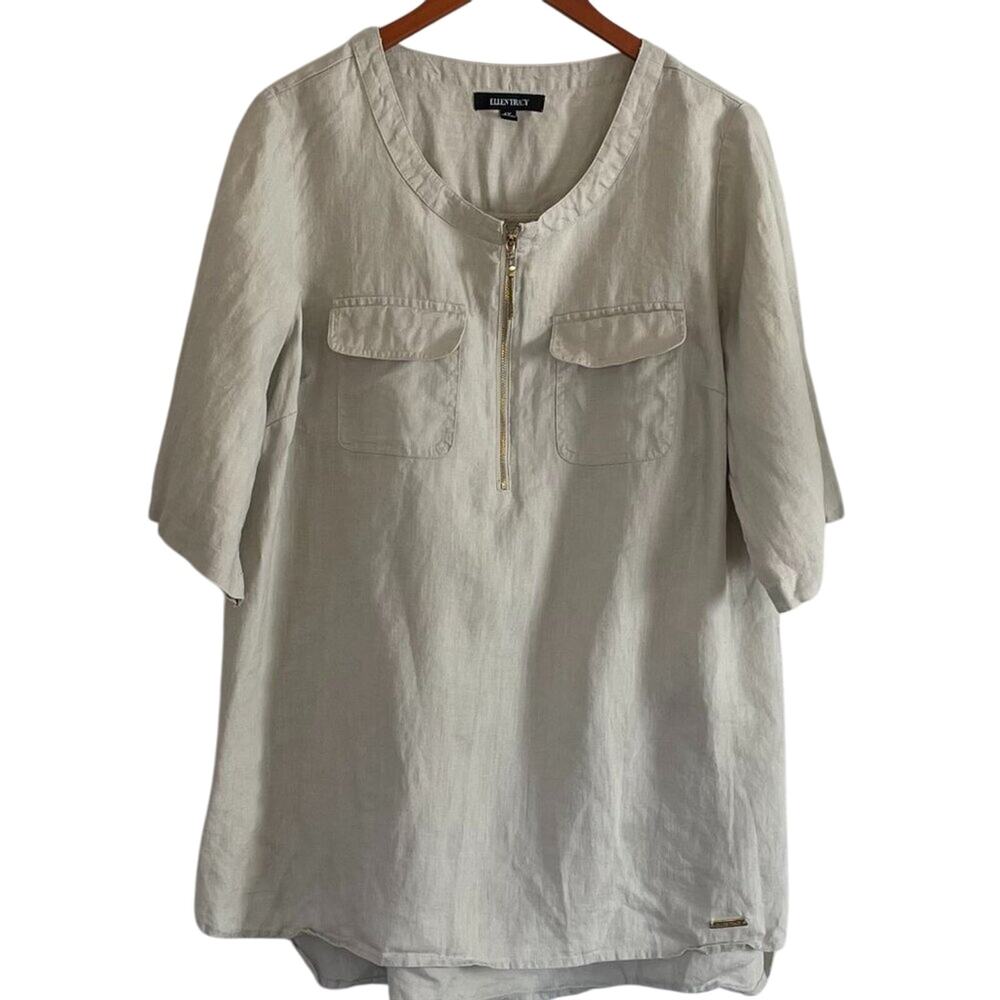 Ellen Tracy Tan Linen Short Sleeve 1/4 Zip Tunic Top, Size XL